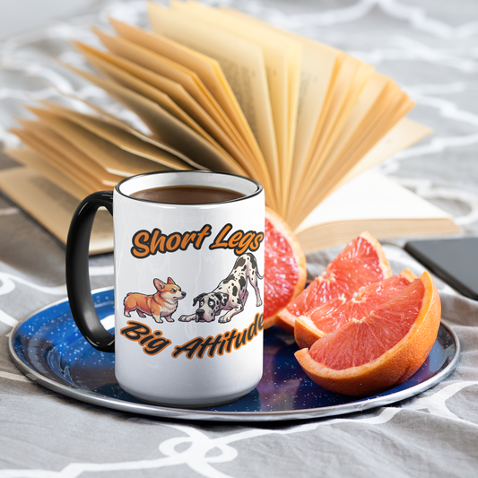 Mug with dog design and text on a saucer with fruit and phone, on a textured surface