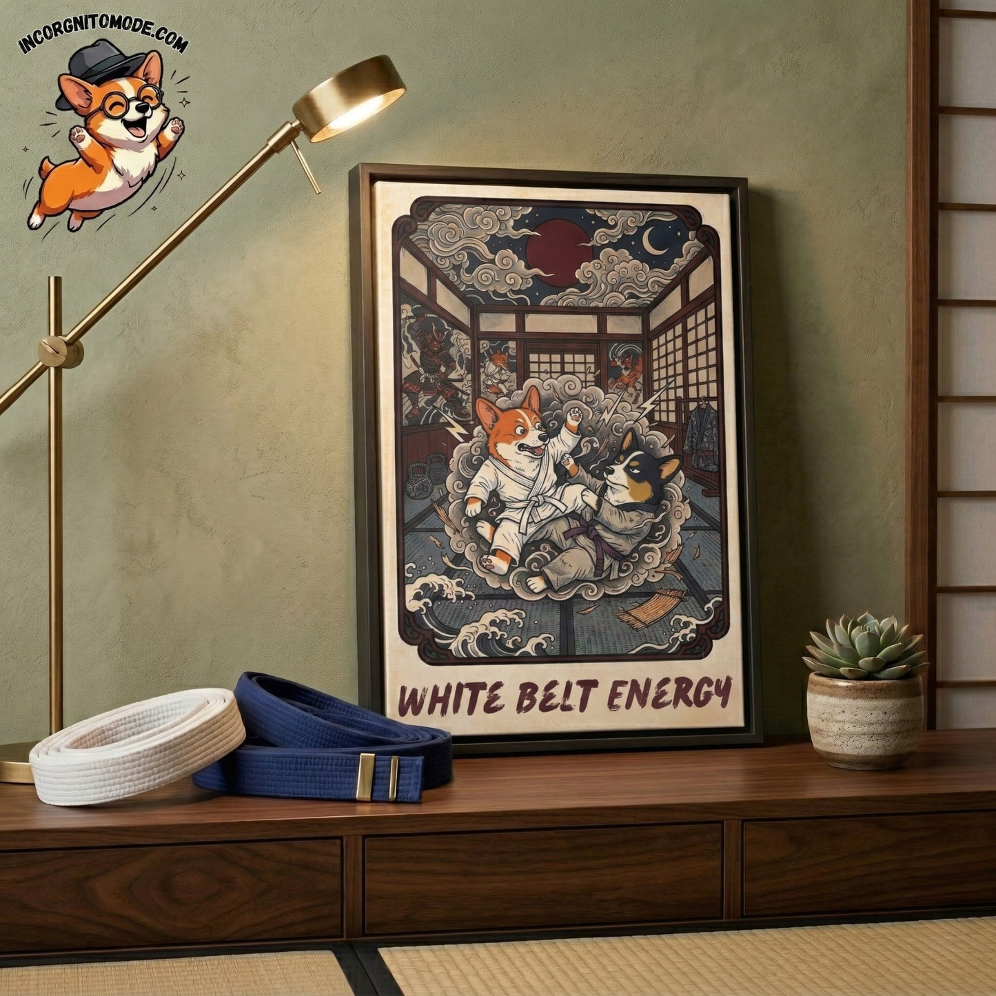Brazilian Jiu Jitsu White Belt Energy Corgi Canvas Wall Art
