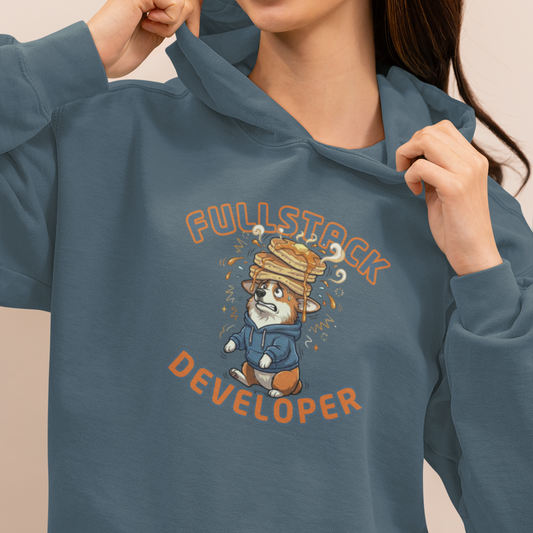 Person wearing a blue hoodie with a 'Full Stack Developer' graphic design.