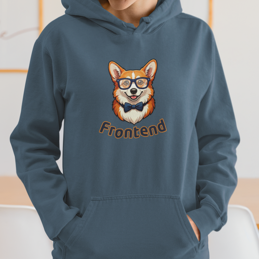Person wearing a blue hoodie with a dog graphic and 'Frontend' text, standing indoors.