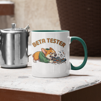 Mug with a dog illustration and 'Beta Tester' text on a table.