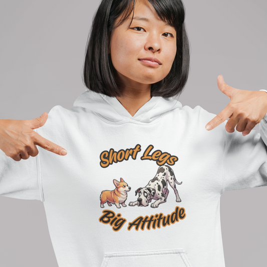 Person wearing a white hoodie with dog illustrations and text on a gray background